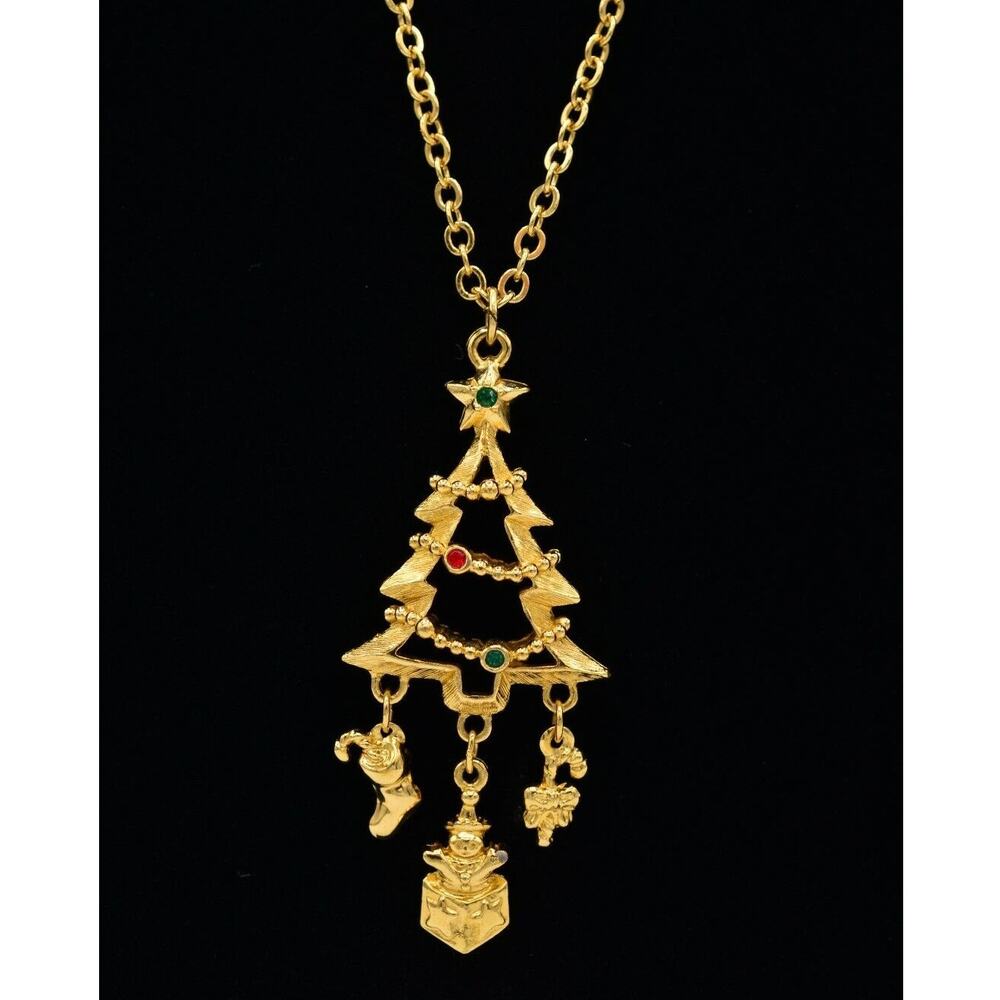 Avon Vintage Charm Pendant Necklace Christmas Tree Dangle Gold Signed 1980s BinG